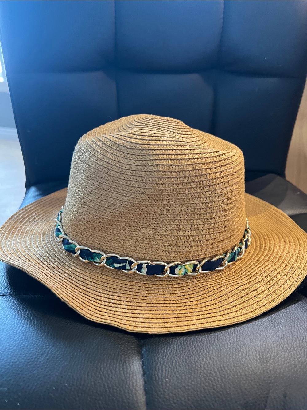 Charlie Paige Tan Straw Fedora with Teal & Navy Chain Accent